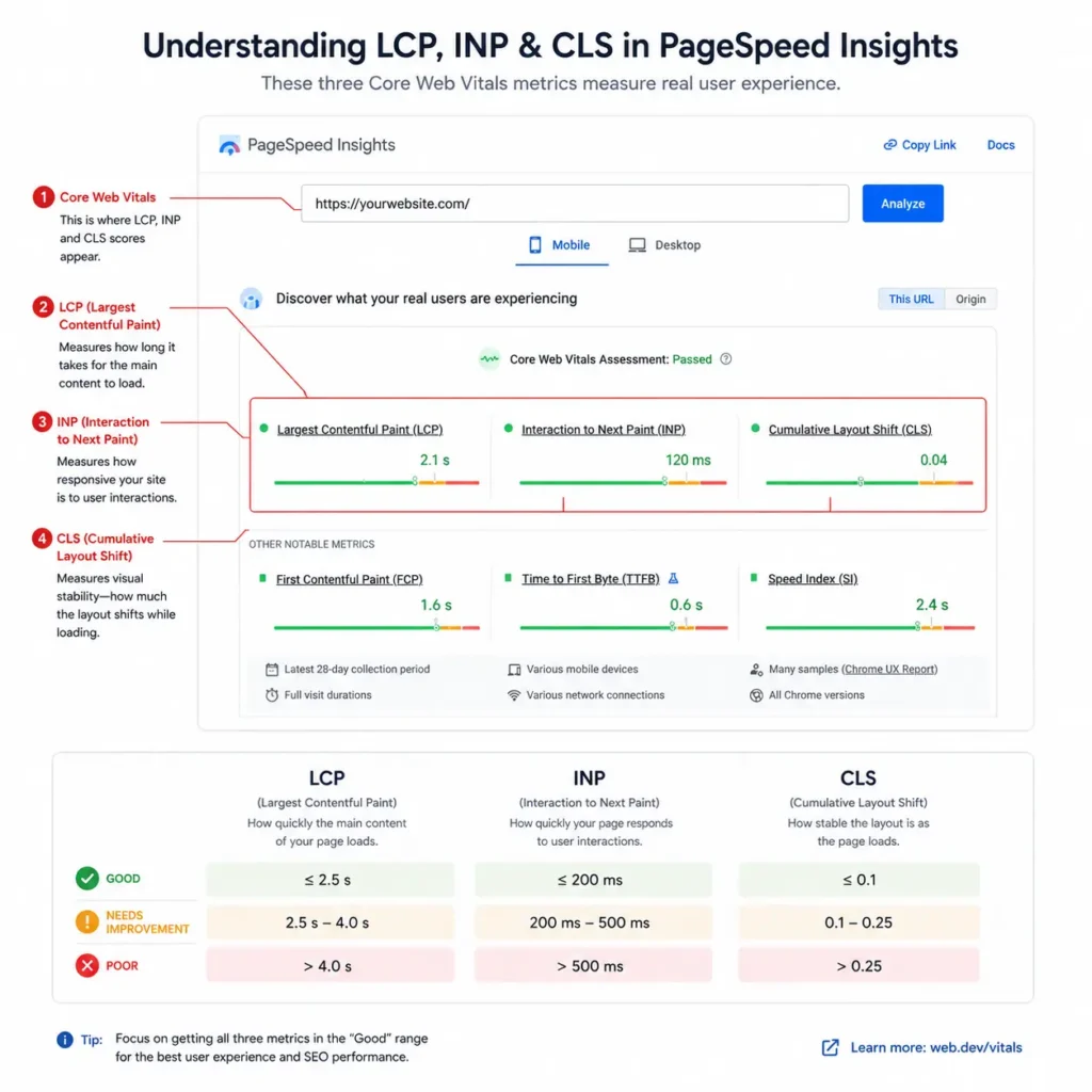 Annotated Google PageSpeed Insights report showing the locations of LCP, INP, and CLS scores with indicators for good, needs improvement, and poor performance.
