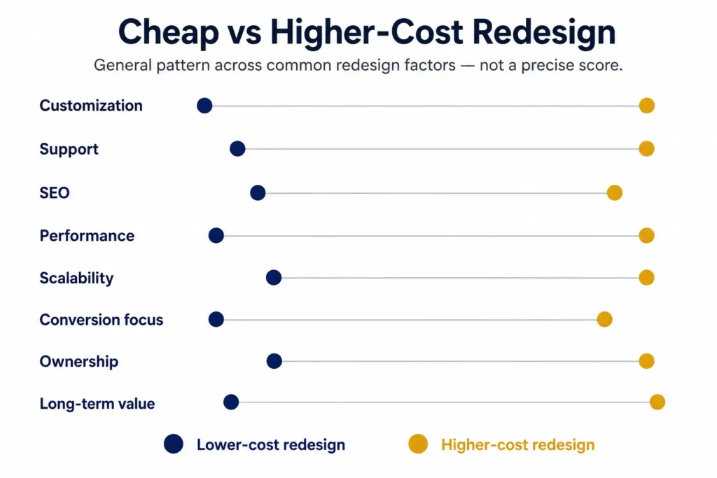 Website redesign cost ranges by website type in 2026