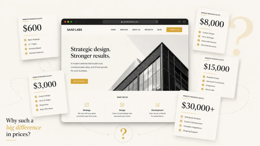 Website redesign cost comparison showing quotes from $600 to $30,000+