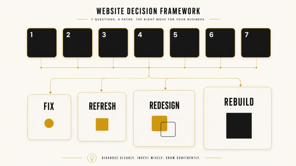 Website decision framework infographic showing seven diagnostic questions leading to fix, refresh, redesign or rebuild