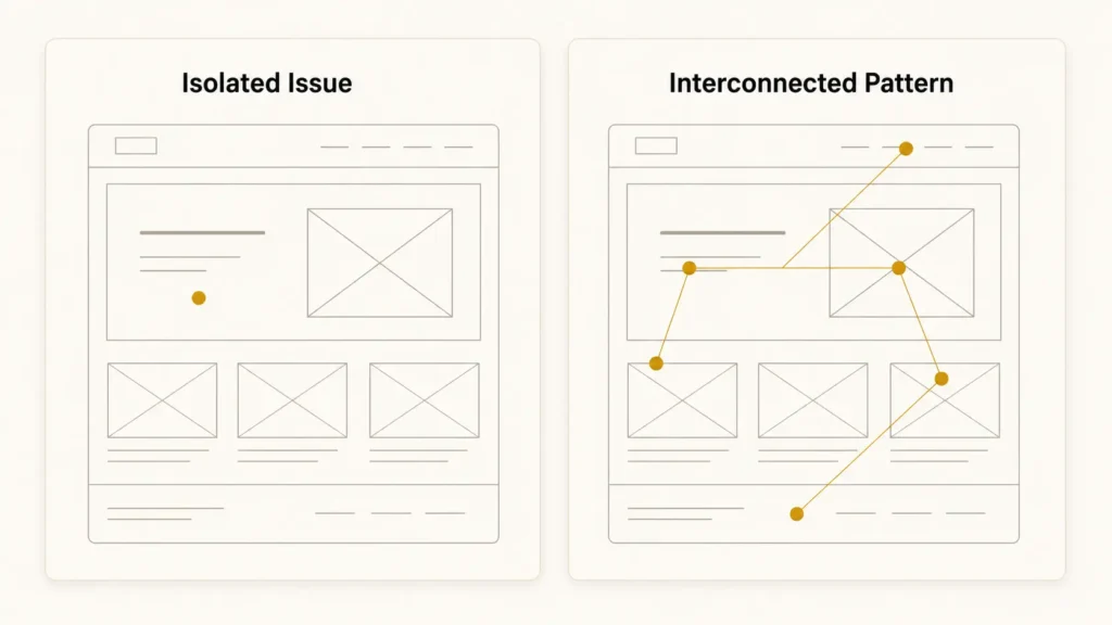 Comparison of an isolated website issue versus an interconnected pattern of website problems