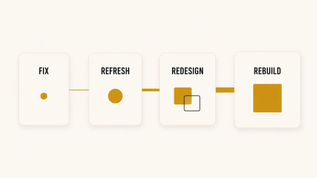 Visual spectrum showing website intervention levels from fix to refresh to redesign to rebuild